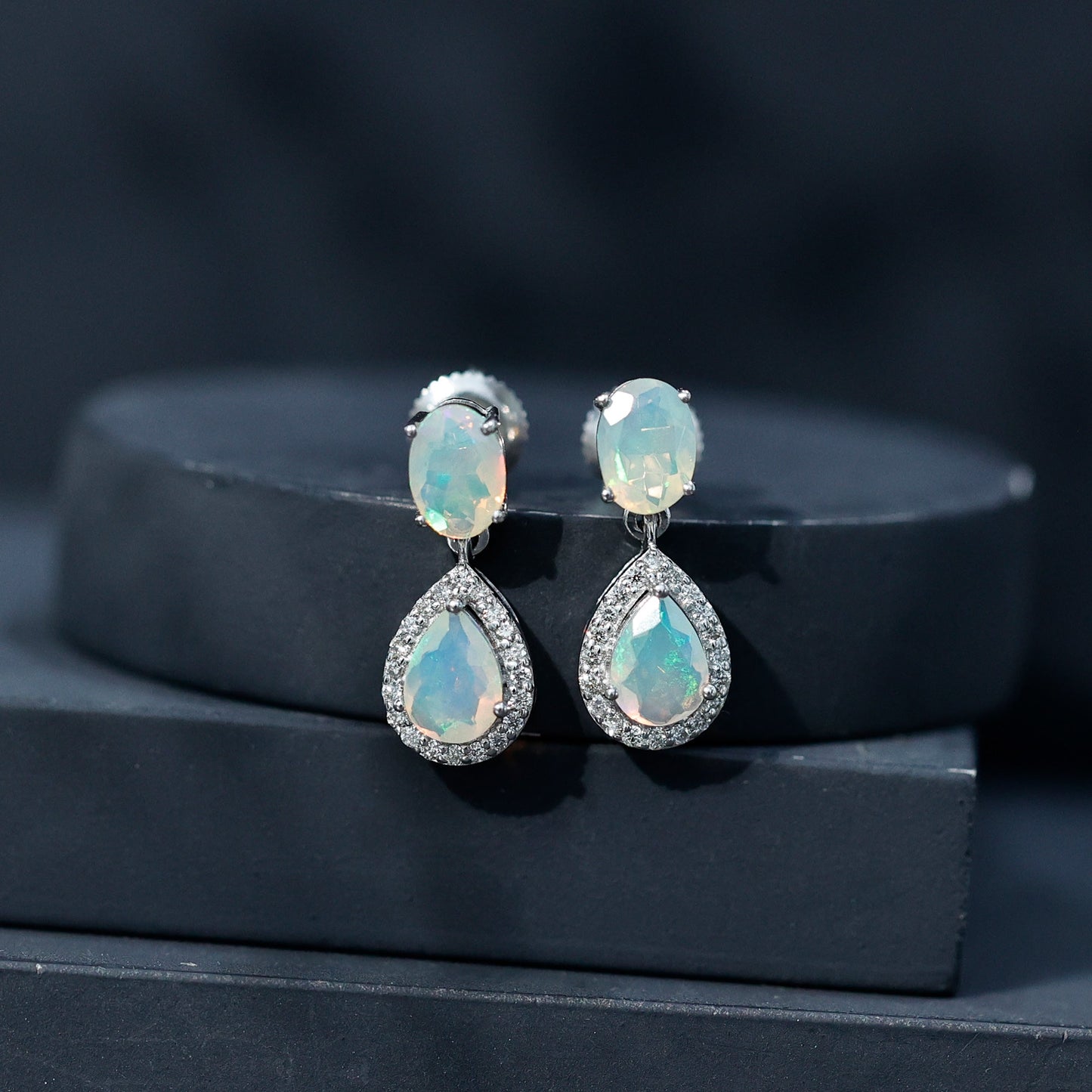Genuine 3 Carat Ethiopian Opal Drop Dangle Earrings with Diamond Halo