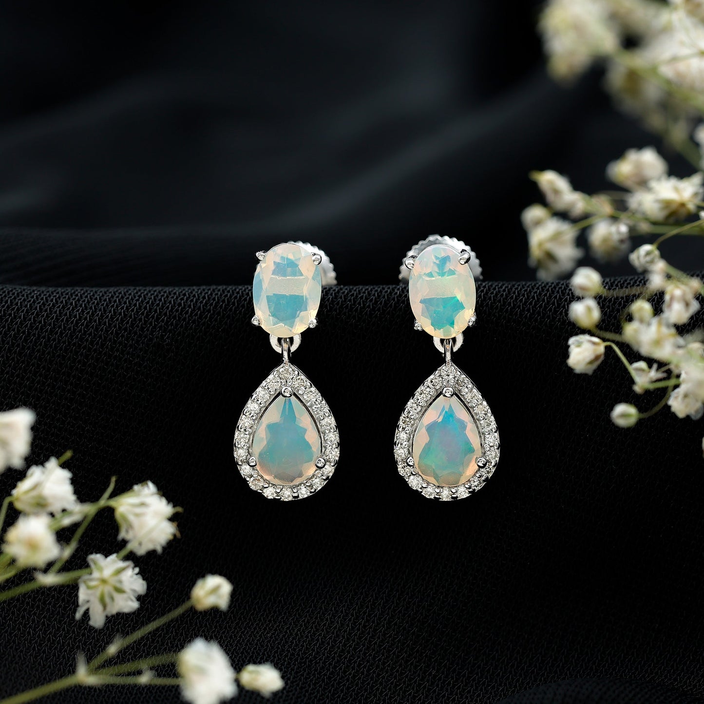 Genuine 3 Carat Ethiopian Opal Drop Dangle Earrings with Diamond Halo