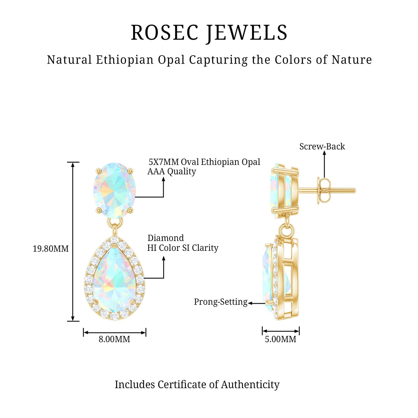 Genuine 3 Carat Ethiopian Opal Drop Dangle Earrings with Diamond Halo