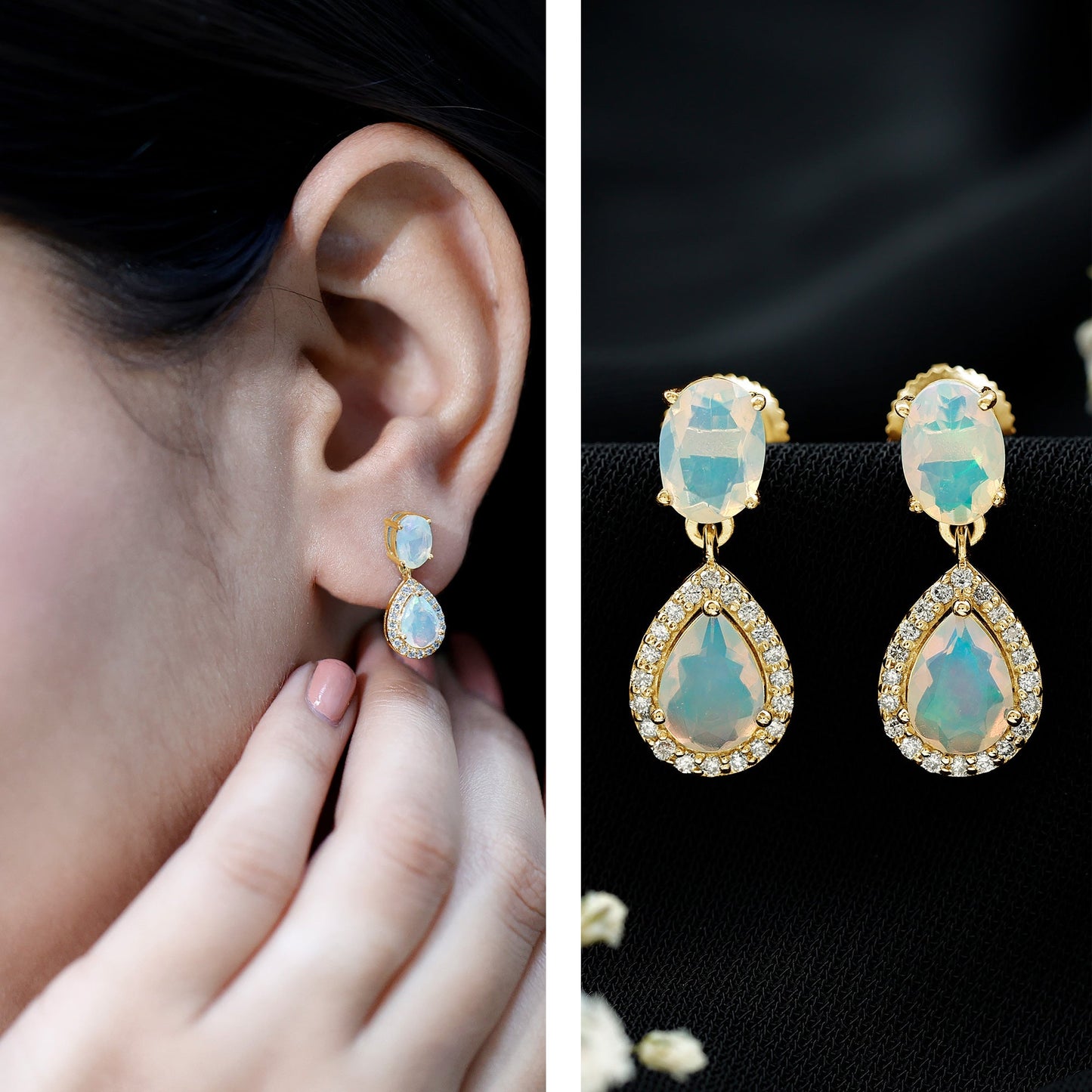 Genuine 3 Carat Ethiopian Opal Drop Dangle Earrings with Diamond Halo