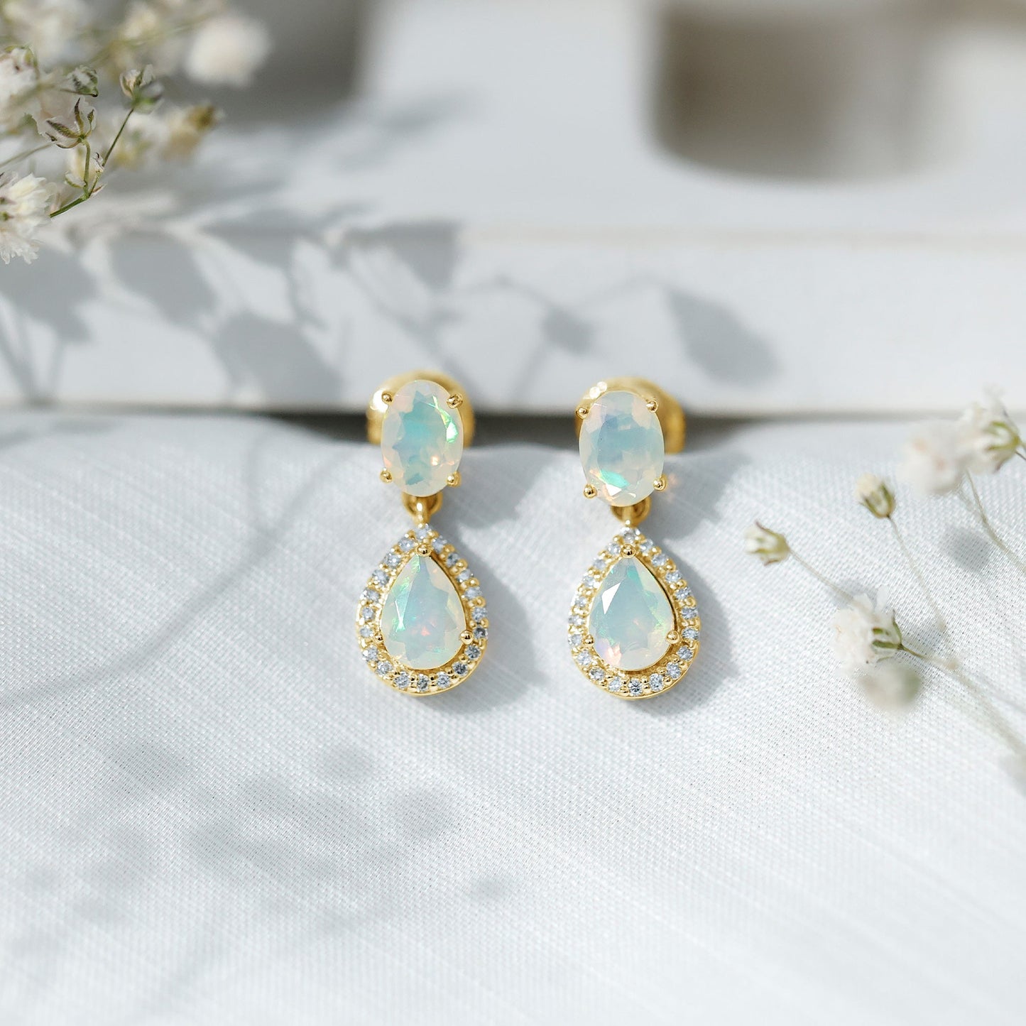 Genuine 3 Carat Ethiopian Opal Drop Dangle Earrings with Diamond Halo