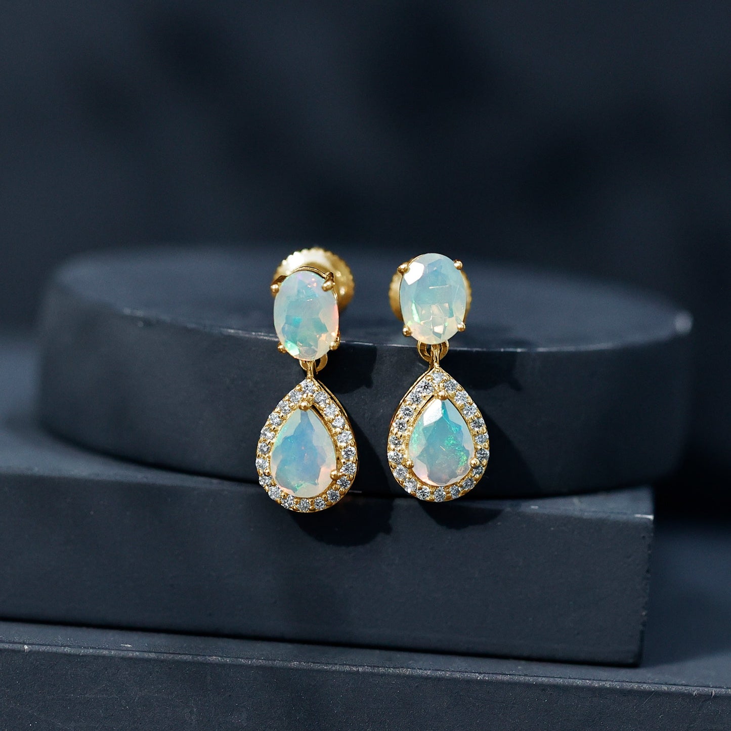 Genuine 3 Carat Ethiopian Opal Drop Dangle Earrings with Diamond Halo