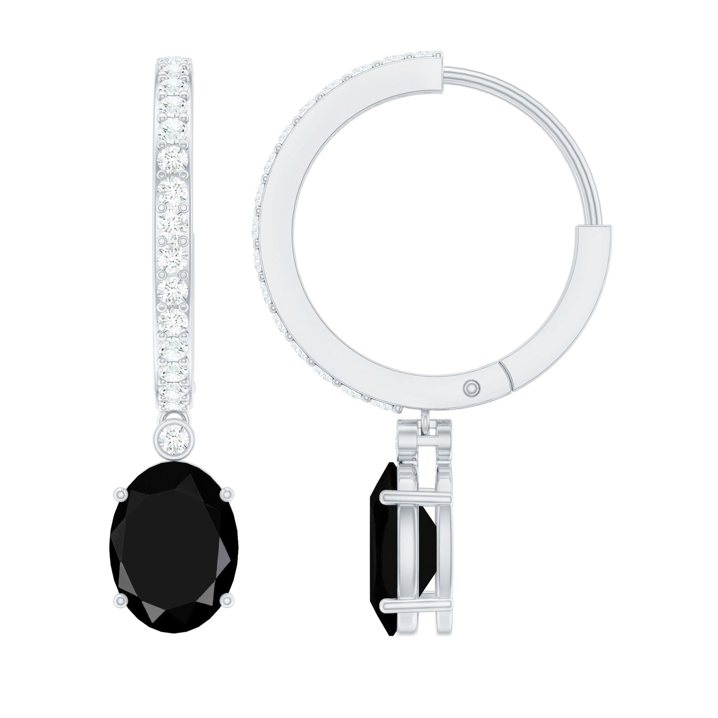 Natural 6X8mm Oval Black Onyx Hoop Drop Earrings with Diamond