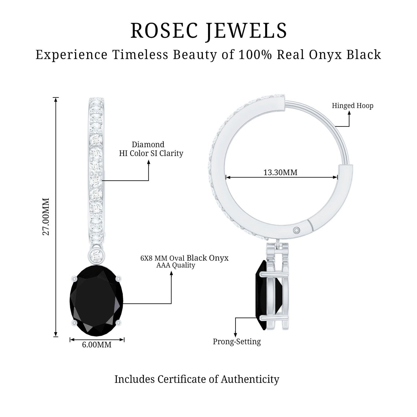 Natural 6X8mm Oval Black Onyx Hoop Drop Earrings with Diamond
