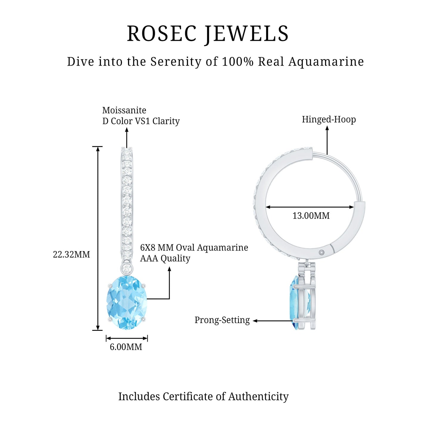 Oval Cut Aquamarine Hoop Drop Earrings with Moissanite