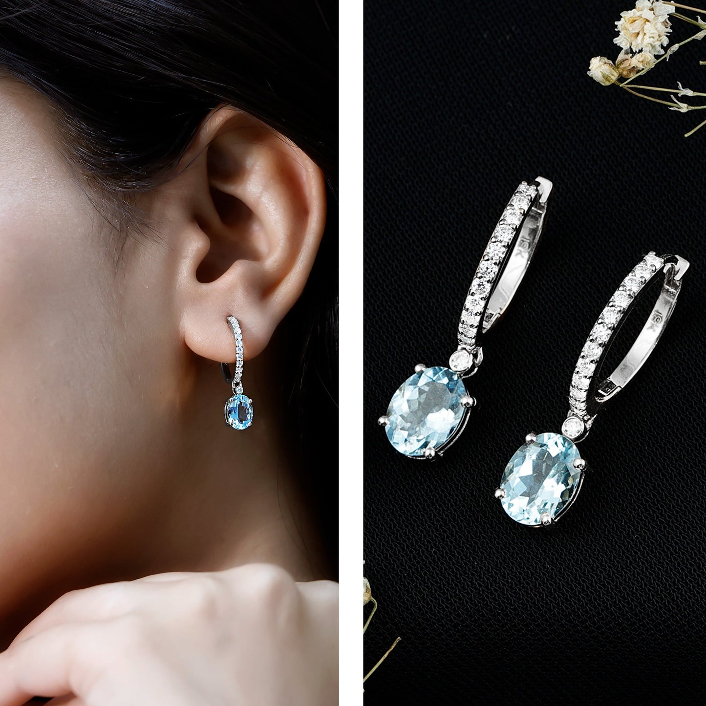 Oval Cut Aquamarine Hoop Drop Earrings with Moissanite