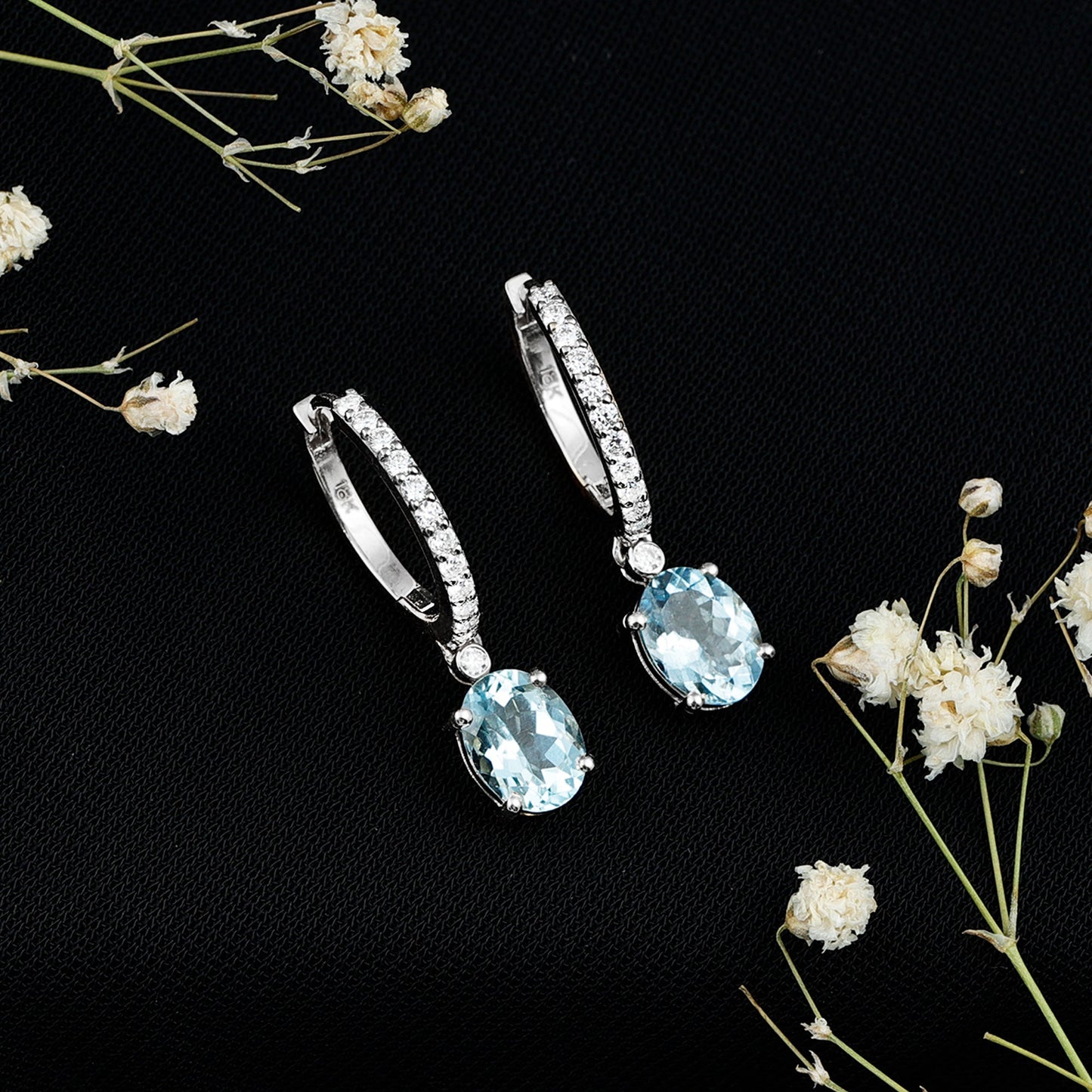Oval Cut Aquamarine Hoop Drop Earrings with Moissanite