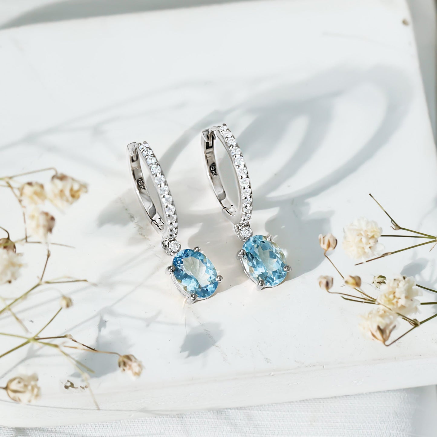 Oval Cut Aquamarine Hoop Drop Earrings with Moissanite