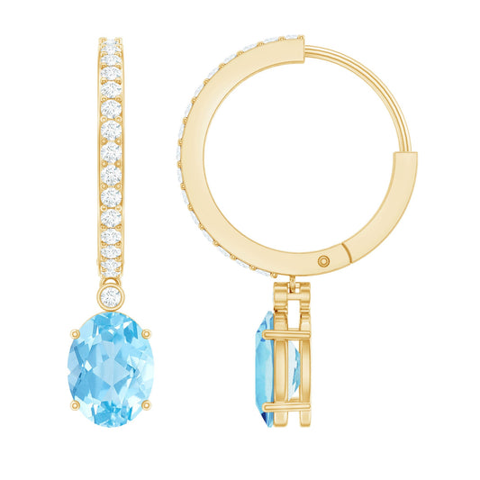 Oval Cut Aquamarine Hoop Drop Earrings with Moissanite