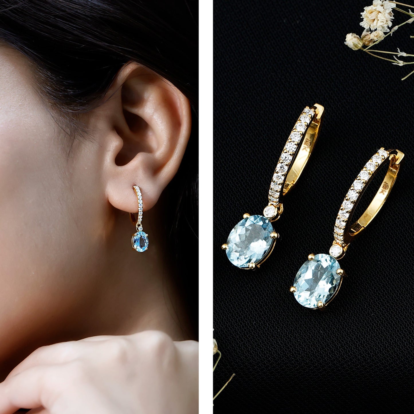 Oval Cut Aquamarine Hoop Drop Earrings with Moissanite