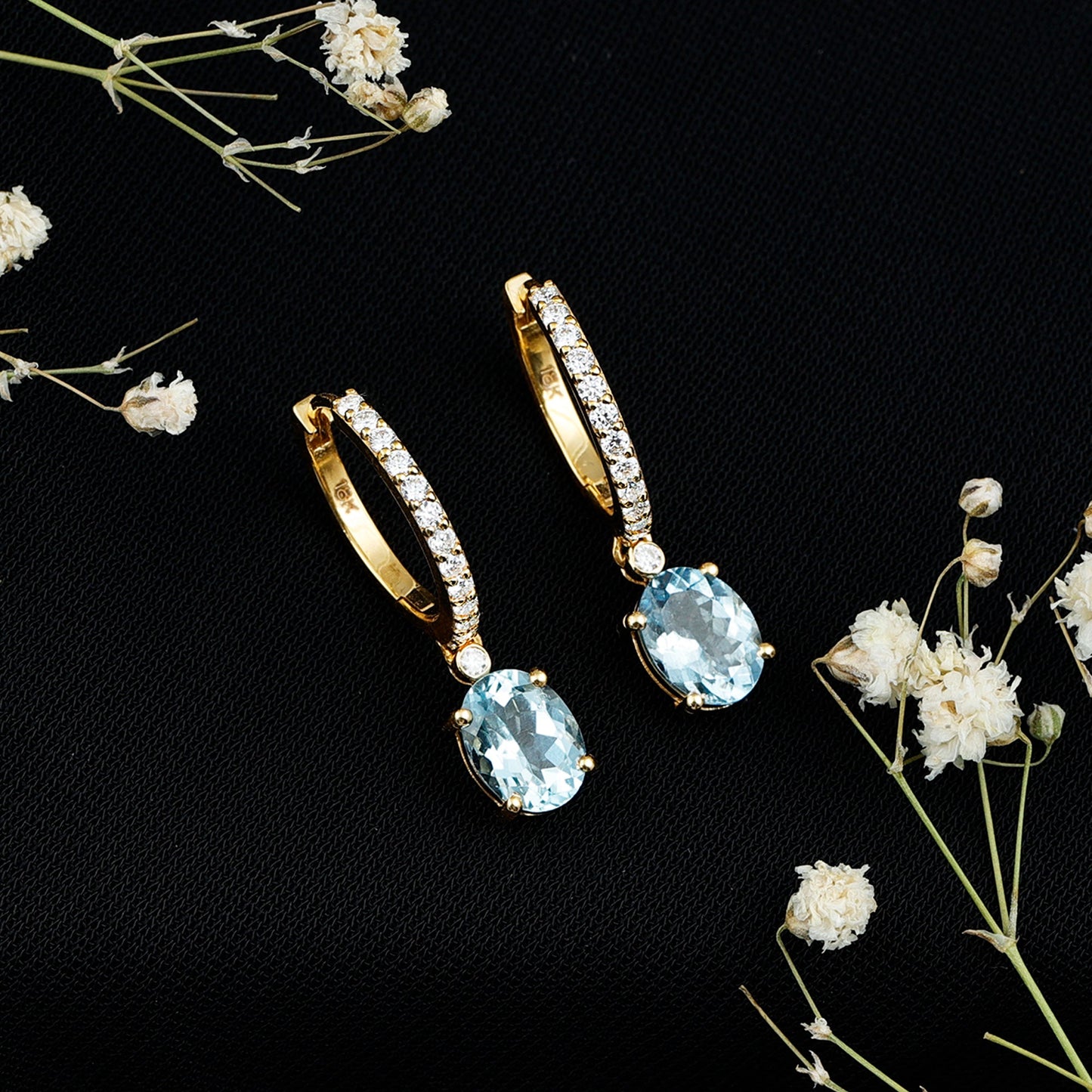 Oval Cut Aquamarine Hoop Drop Earrings with Moissanite