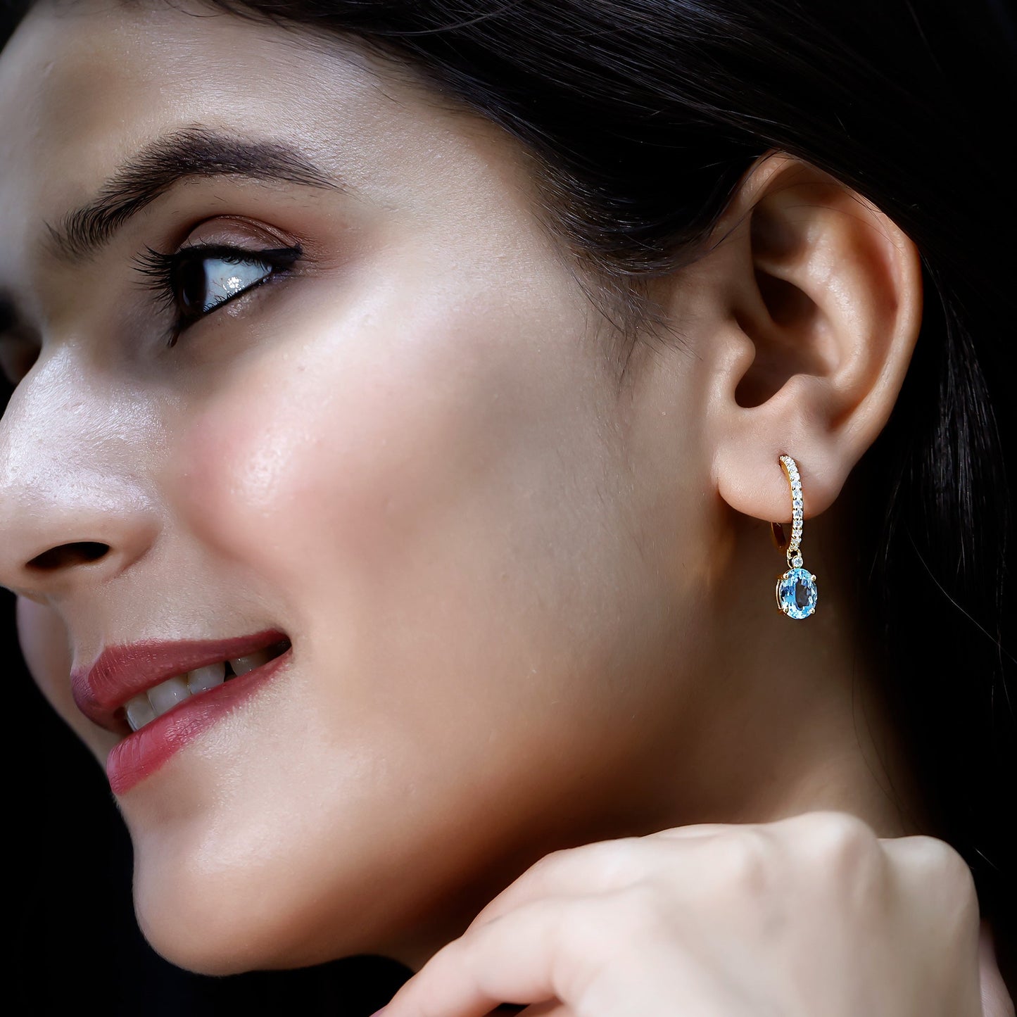 Oval Cut Aquamarine Hoop Drop Earrings with Moissanite