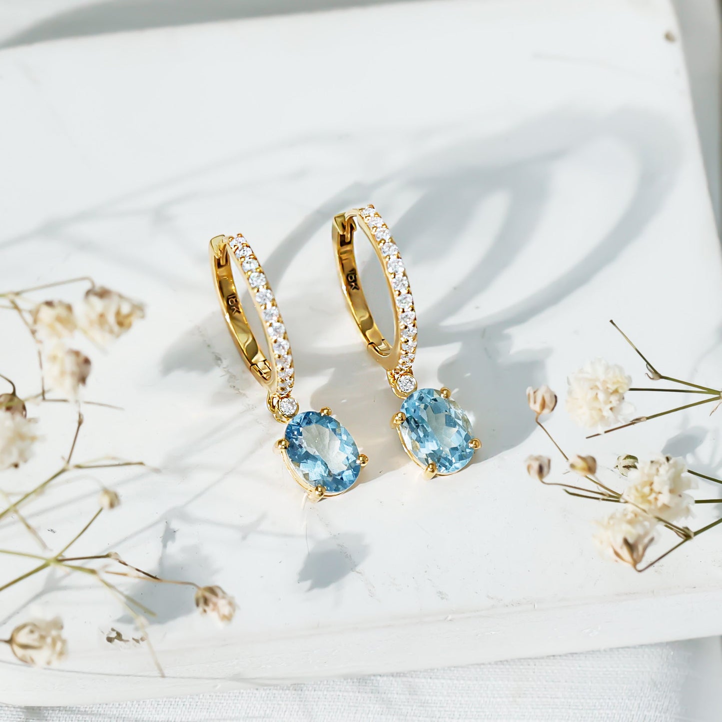 Oval Cut Aquamarine Hoop Drop Earrings with Moissanite