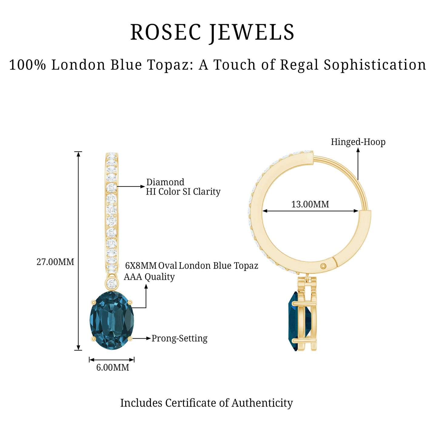 Natural Oval 2 Carat London Blue Topaz Drop hoop Earrings with Diamond
