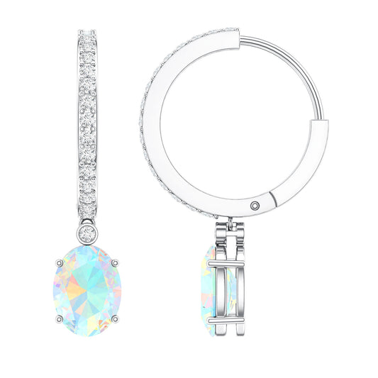 6X8 MM Oval Rainbow Opal and Moissanite Hinged Hoop Earrings