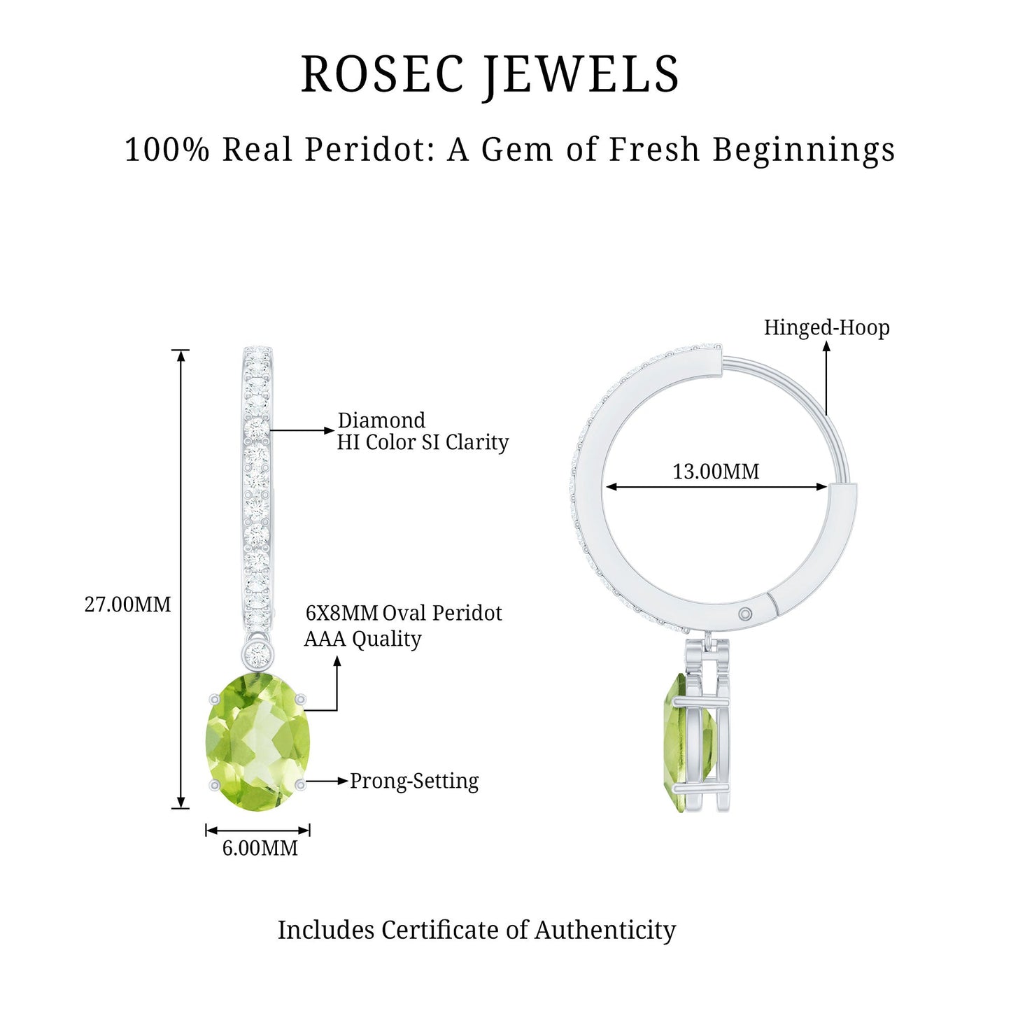 Natural 2 Carat Peridot Drop Hoop Earrings with Diamond