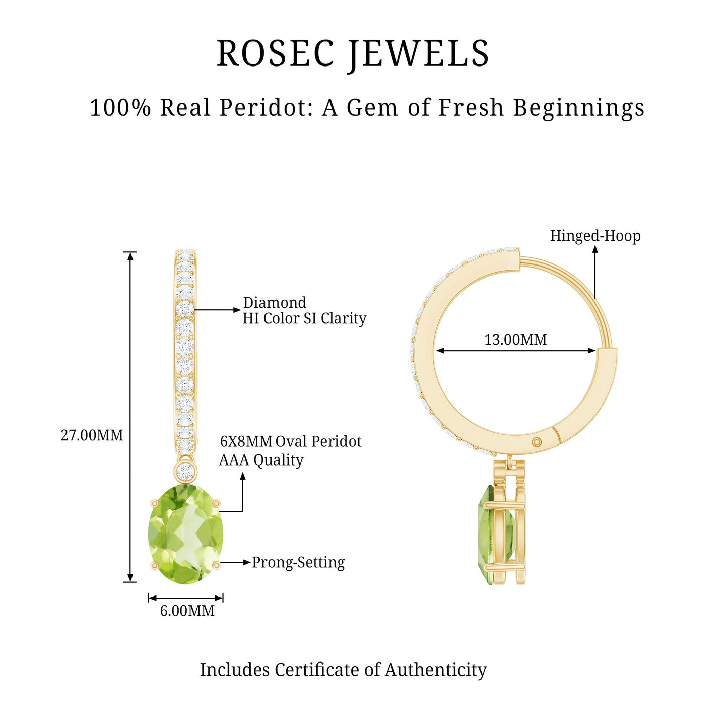 Natural 2 Carat Peridot Drop Hoop Earrings with Diamond