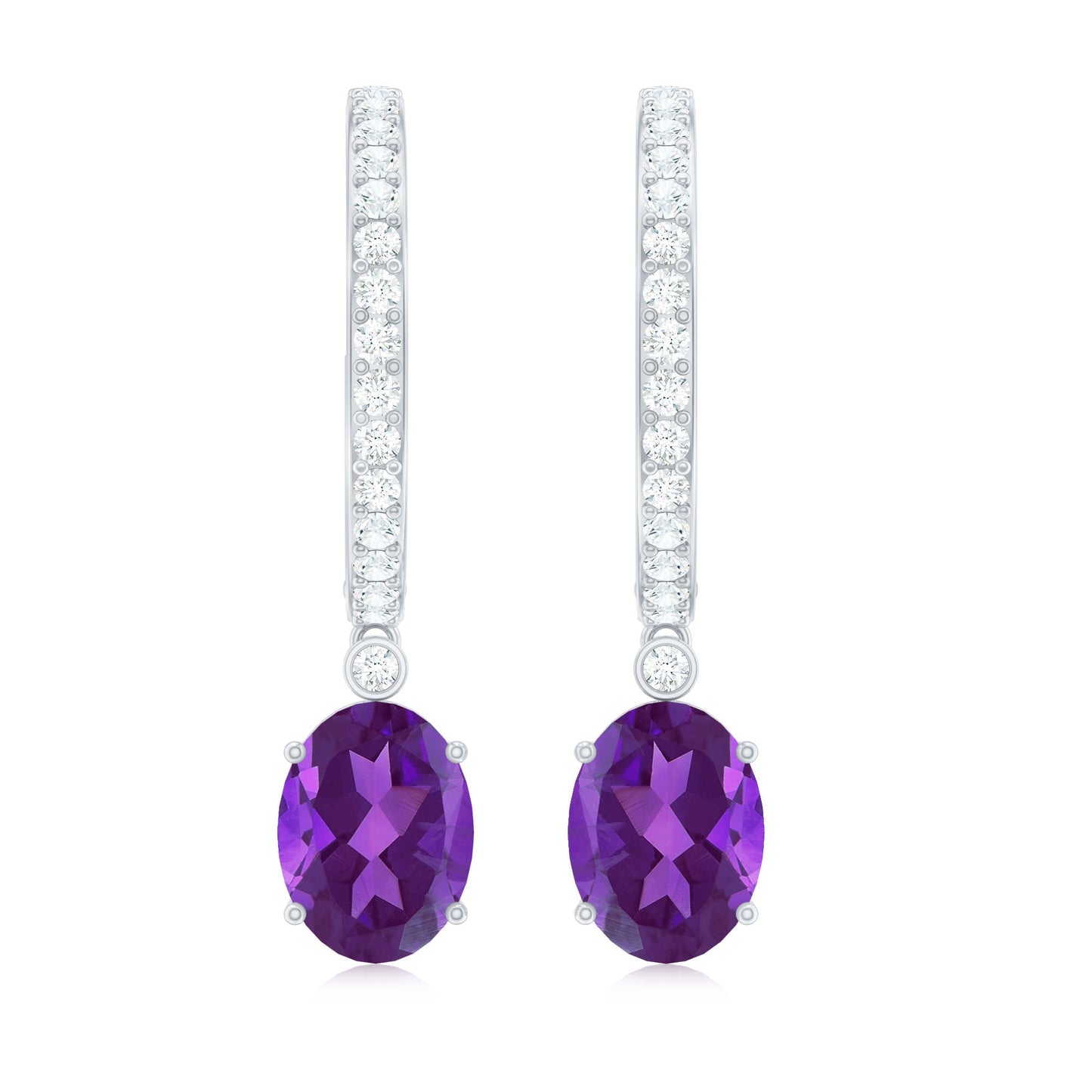 Real 6X8mm Oval Amethyst Diamond Hoop Earrings With Diamonds