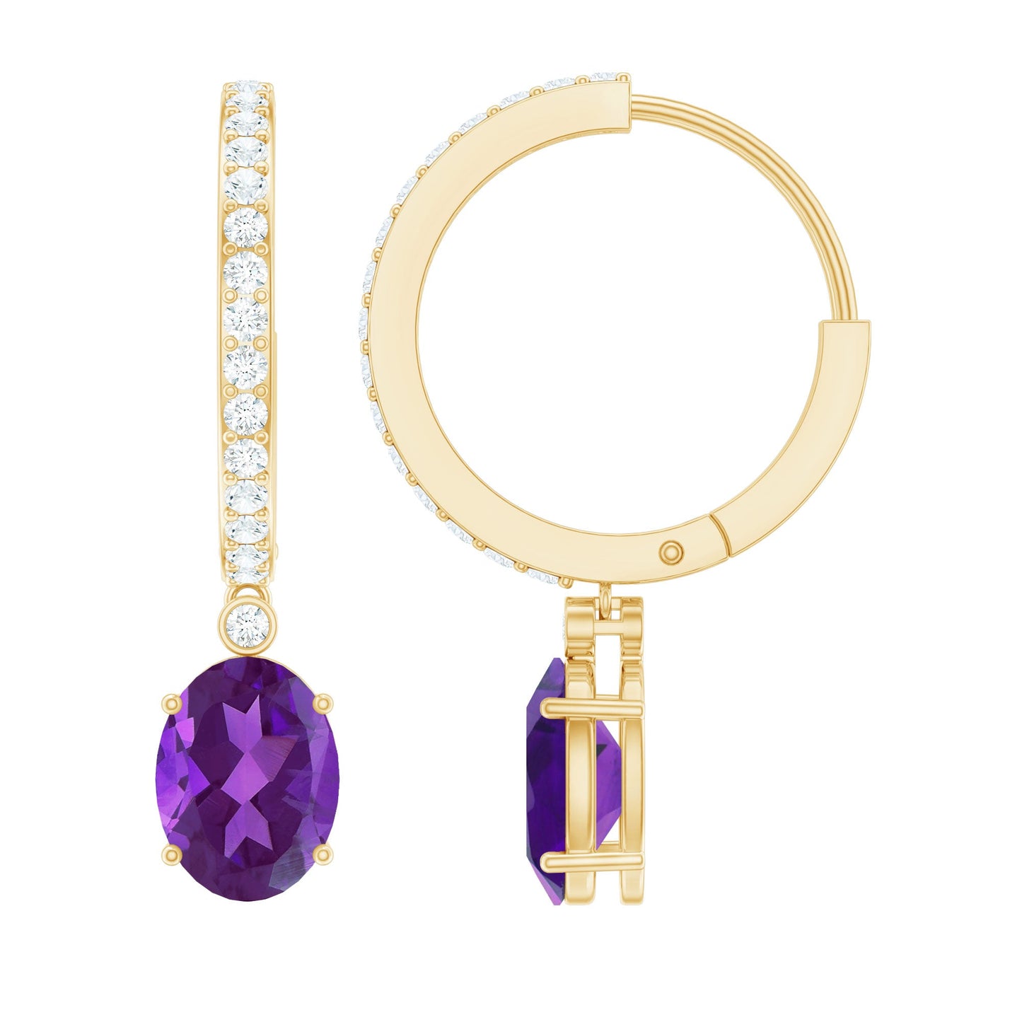 Real 6X8mm Oval Amethyst Diamond Hoop Earrings With Diamonds