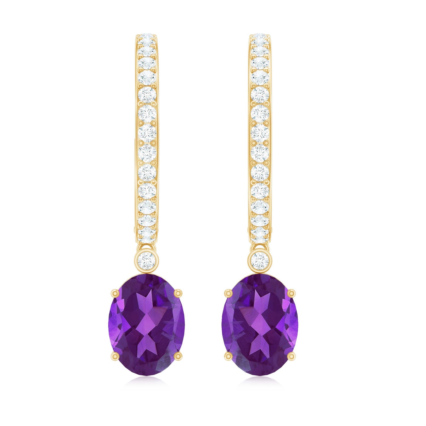 Real 6X8mm Oval Amethyst Diamond Hoop Earrings With Diamonds