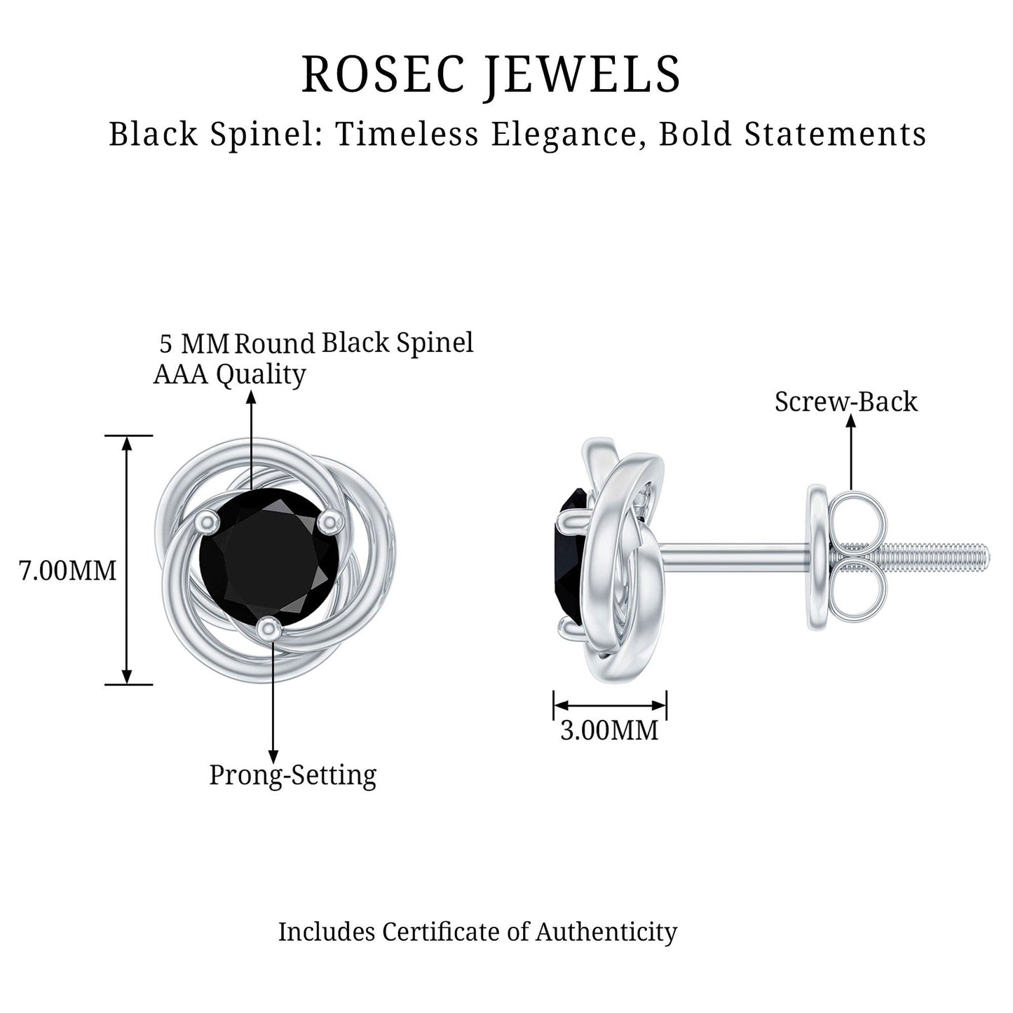 1 Carat Black Spinel Swirl Stud Earrings with Screw Backs