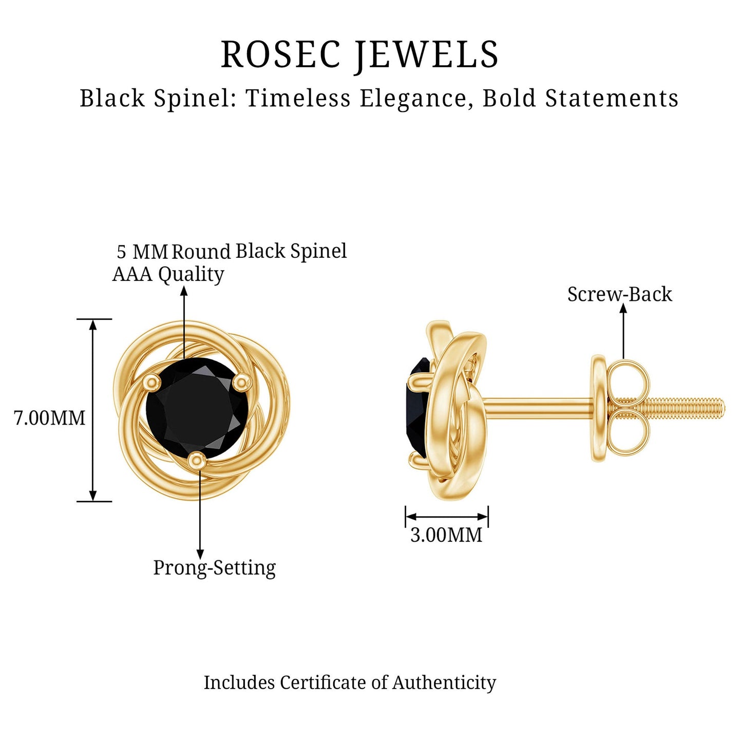 1 Carat Black Spinel Swirl Stud Earrings with Screw Backs