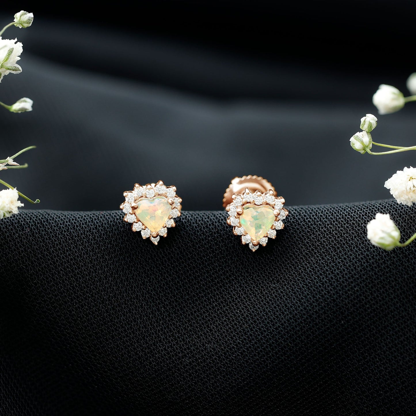 Natural Ethiopian Opal Heart Earrings with Moissanite Halo