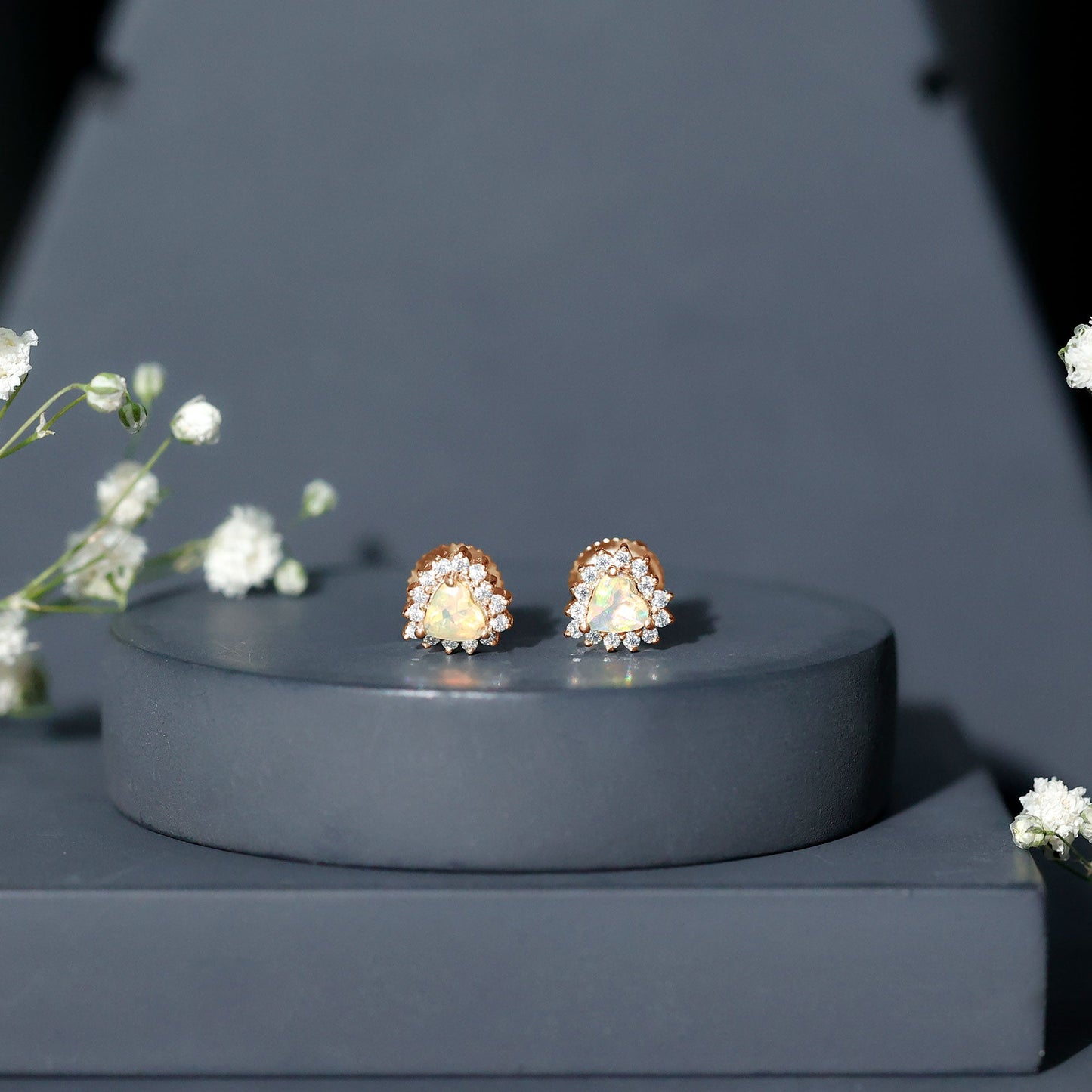 Natural Ethiopian Opal Heart Earrings with Moissanite Halo