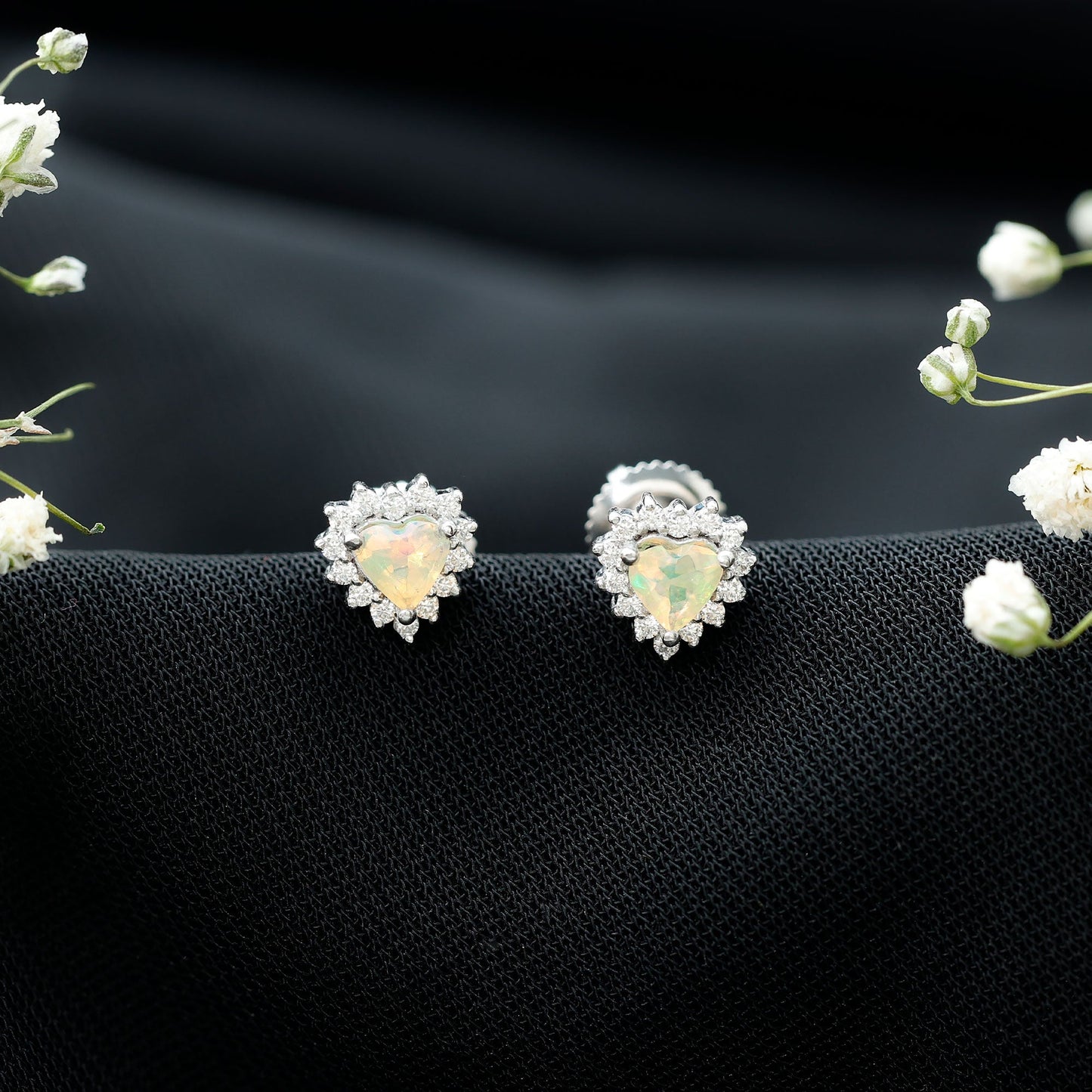 Natural Ethiopian Opal Heart Earrings with Moissanite Halo