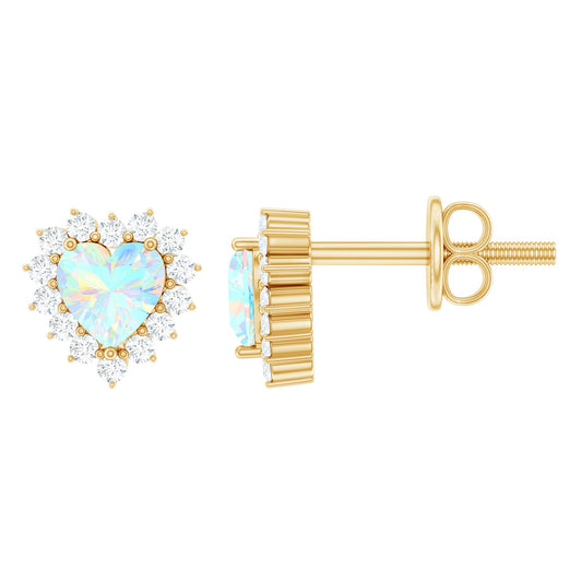 Natural Ethiopian Opal Heart Earrings with Moissanite Halo