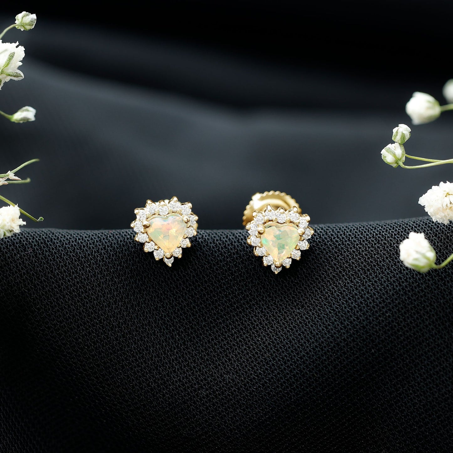 Natural Ethiopian Opal Heart Earrings with Moissanite Halo