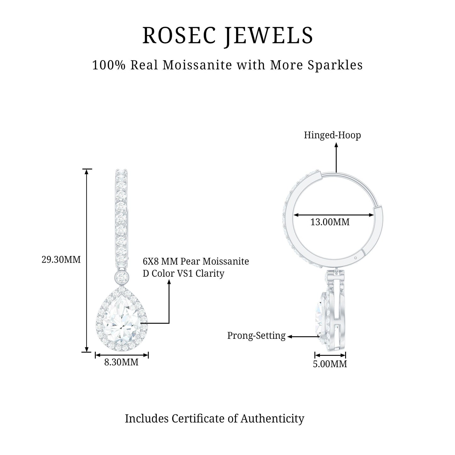 Certified Moissanite Teardrop Earrings with Hinged Hoop