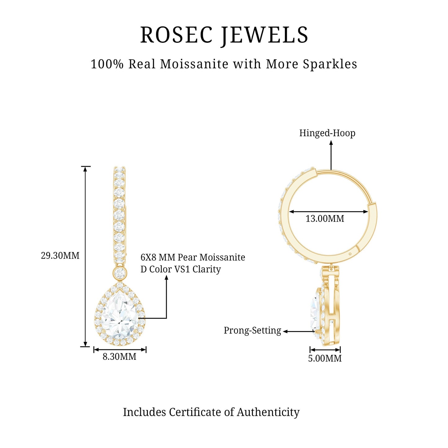 Certified Moissanite Teardrop Earrings with Hinged Hoop