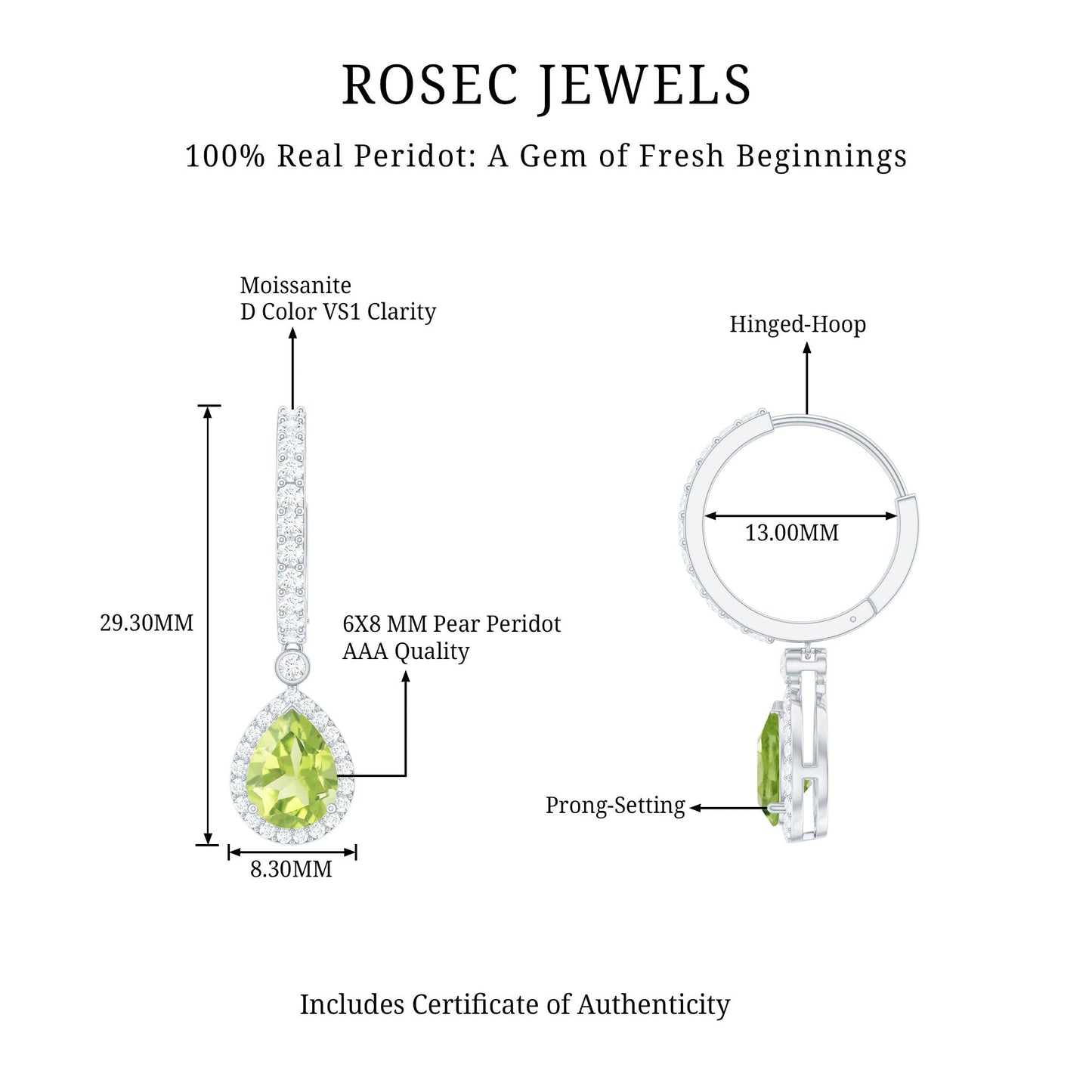 Classic 2 Carat Peridot Teardrop Earrings with Moissanite Hinged Hoop