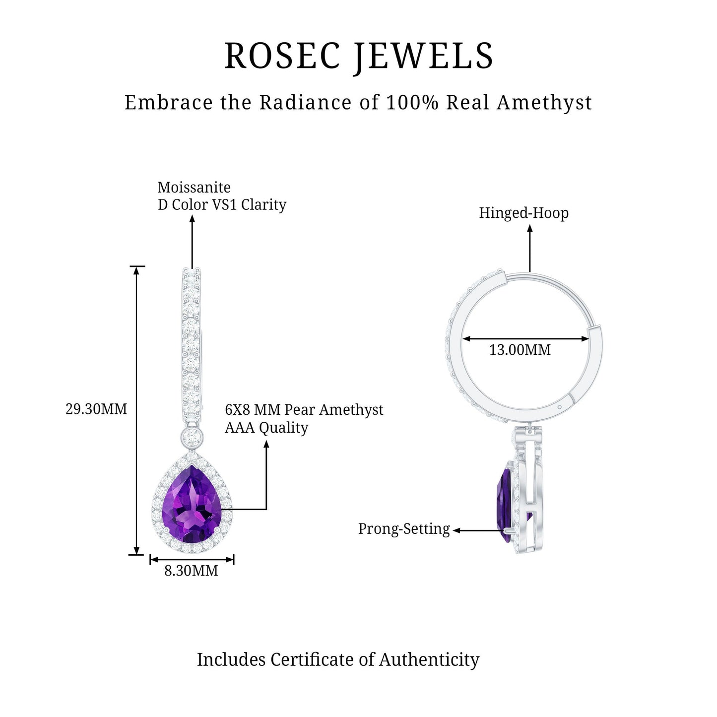 Natural Amethyst Teardrop Earrings with Moissanite Hinged Hoop