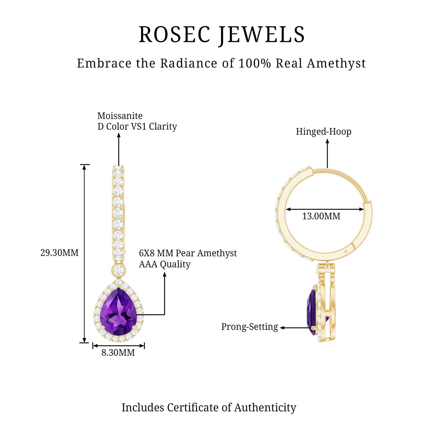 Natural Amethyst Teardrop Earrings with Moissanite Hinged Hoop
