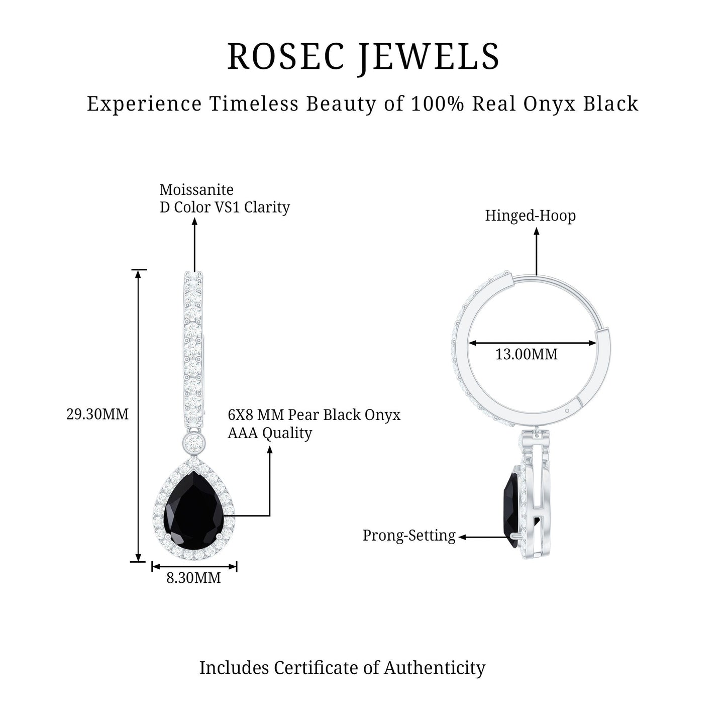 Natural Pear Shape Black Onyx Hoop Drop Earrings