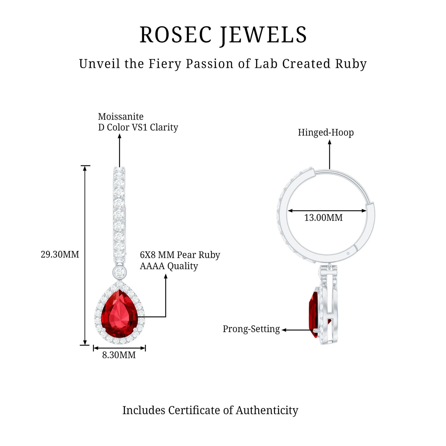 Lab Created Ruby and Moissanite Teardrop Hoop Earrings