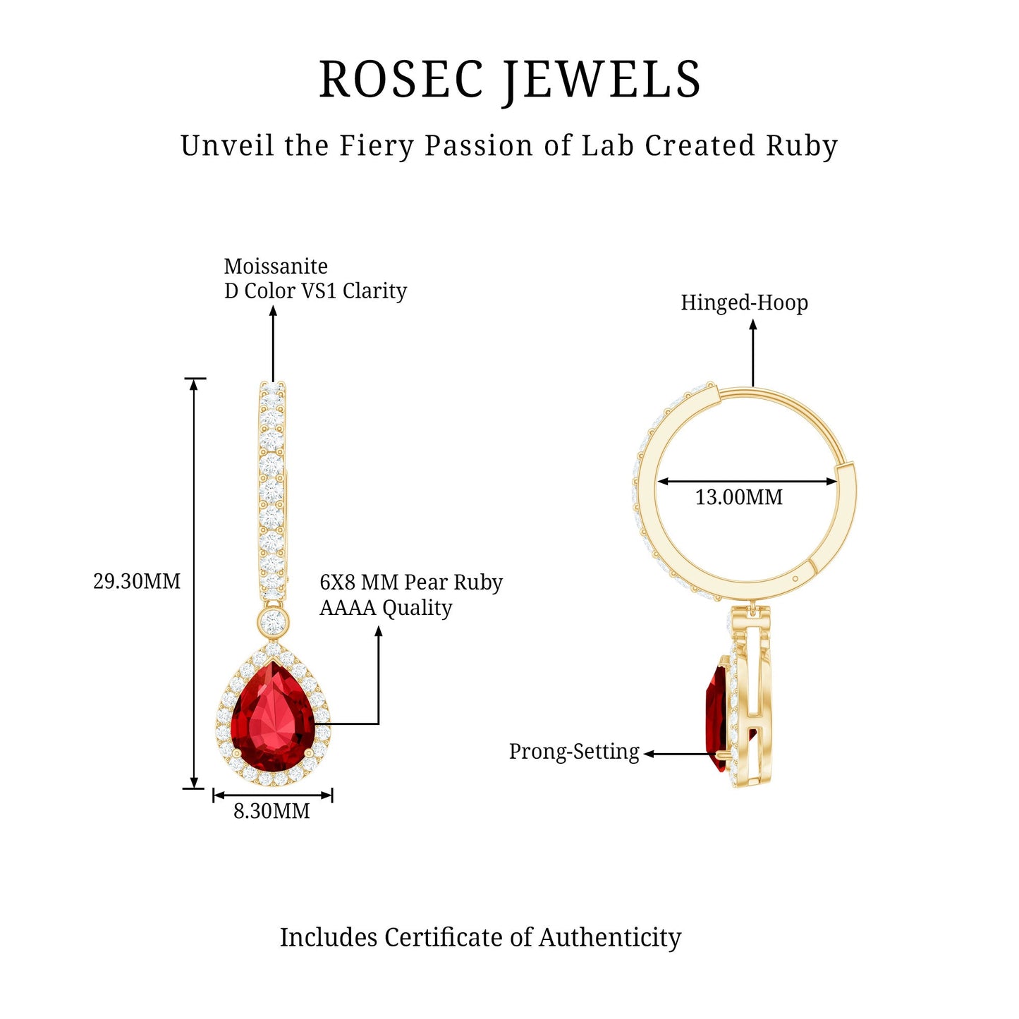 Lab Created Ruby and Moissanite Teardrop Hoop Earrings
