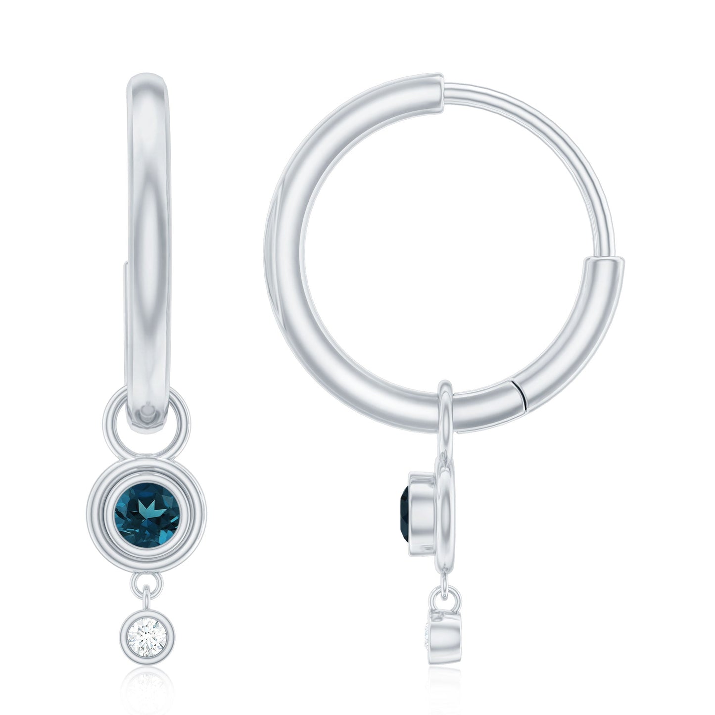 Bezel Set London Blue Topaz and Lab Diamond Hoop Drop Earrings