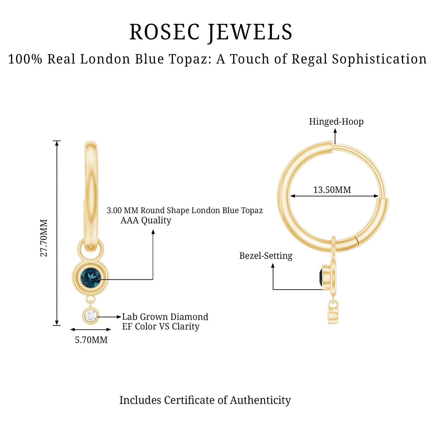 Bezel Set London Blue Topaz and Lab Diamond Hoop Drop Earrings