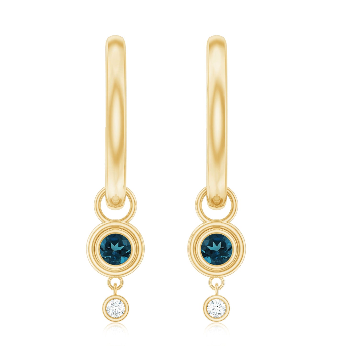 Bezel Set London Blue Topaz and Lab Diamond Hoop Drop Earrings