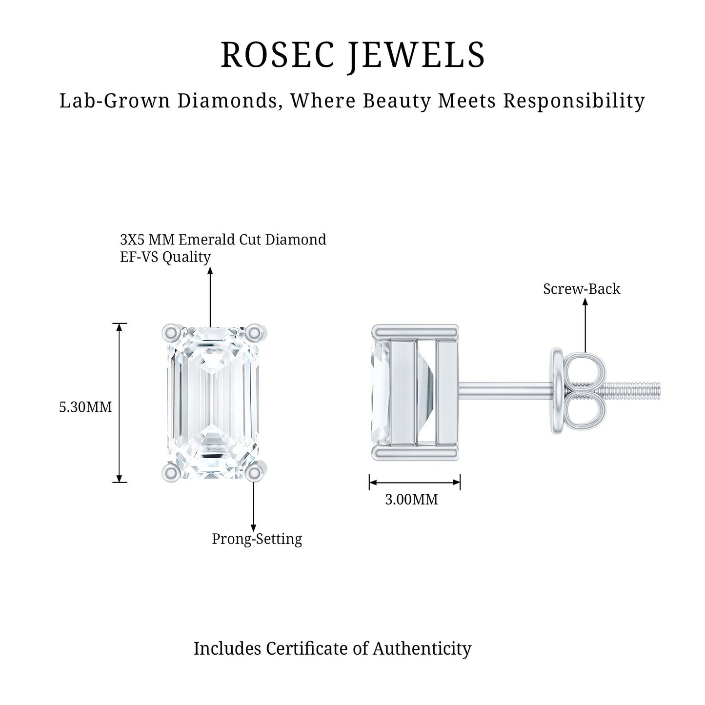Lab Grown Diamond Emerald Cut Stud Earrings in Silver