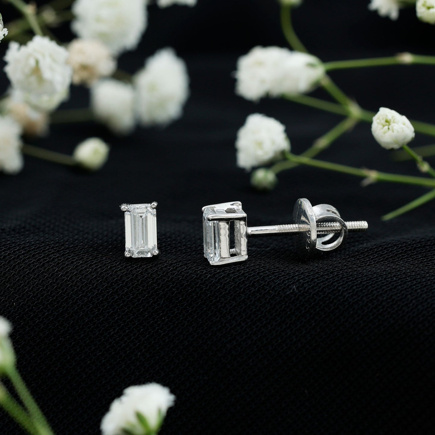 Lab Grown Diamond Emerald Cut Stud Earrings in Silver