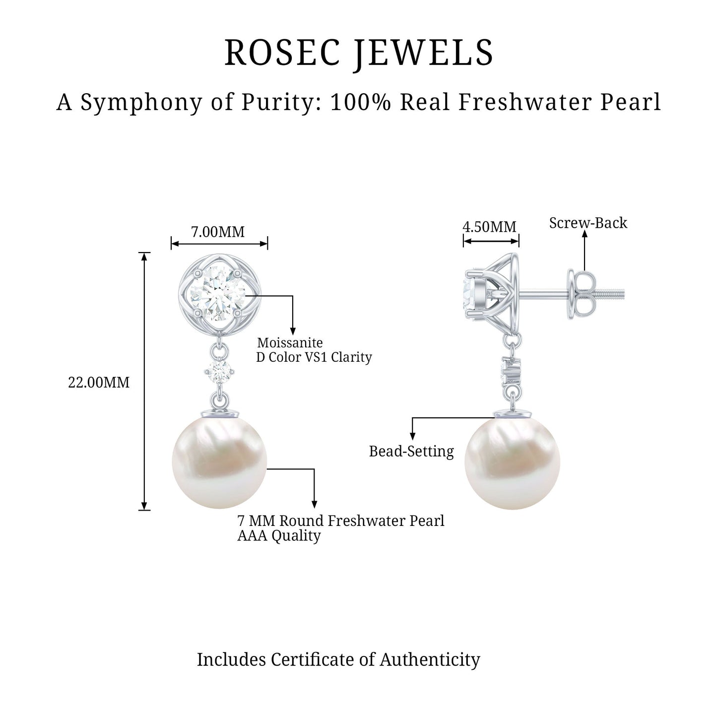7MM Freshwater Pearl Flower Drop Earrings with Moissanite