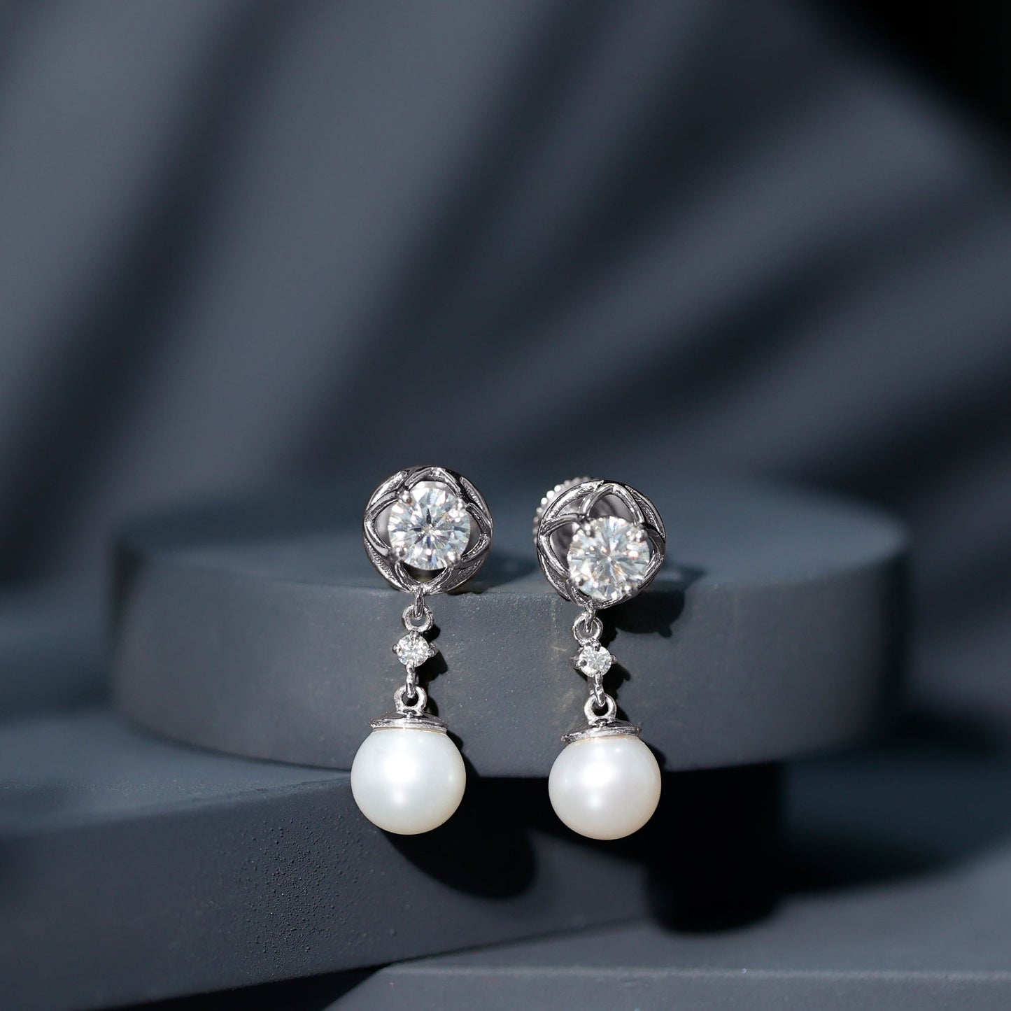 7MM Freshwater Pearl Flower Drop Earrings with Moissanite