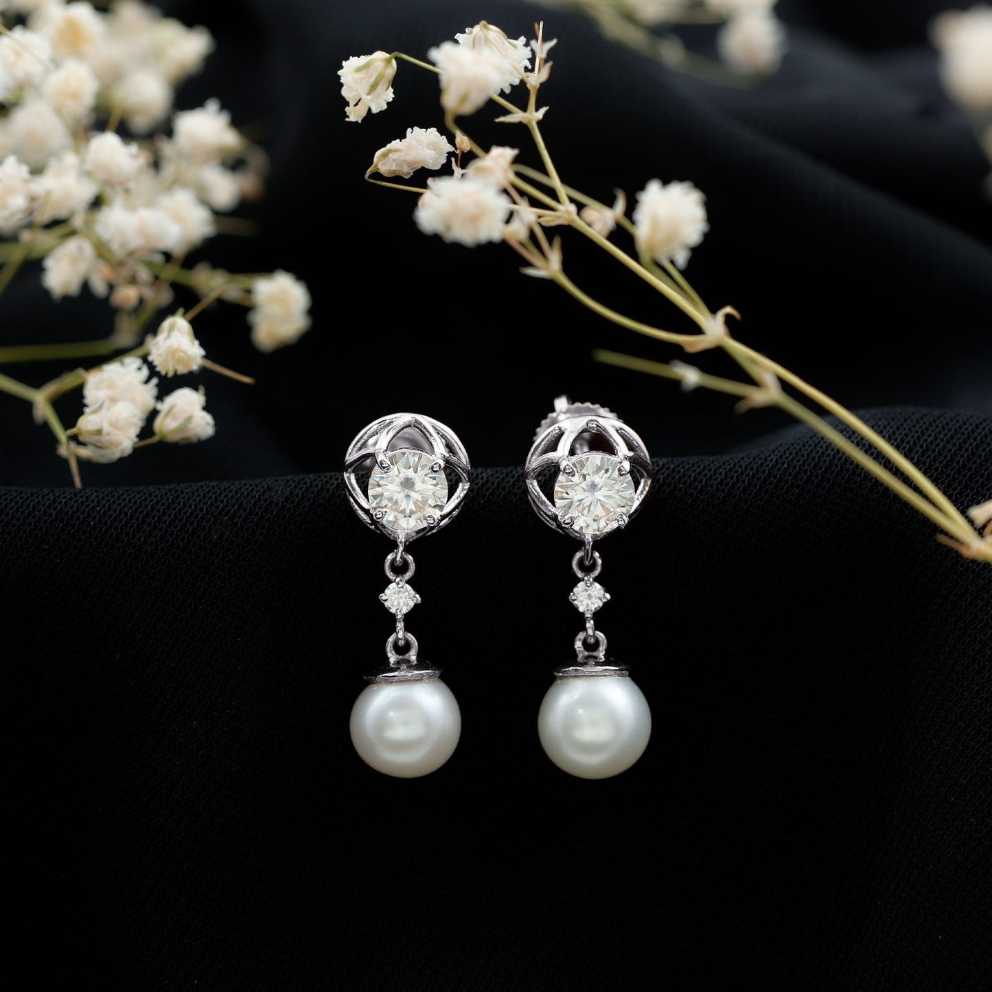 7MM Freshwater Pearl Flower Drop Earrings with Moissanite