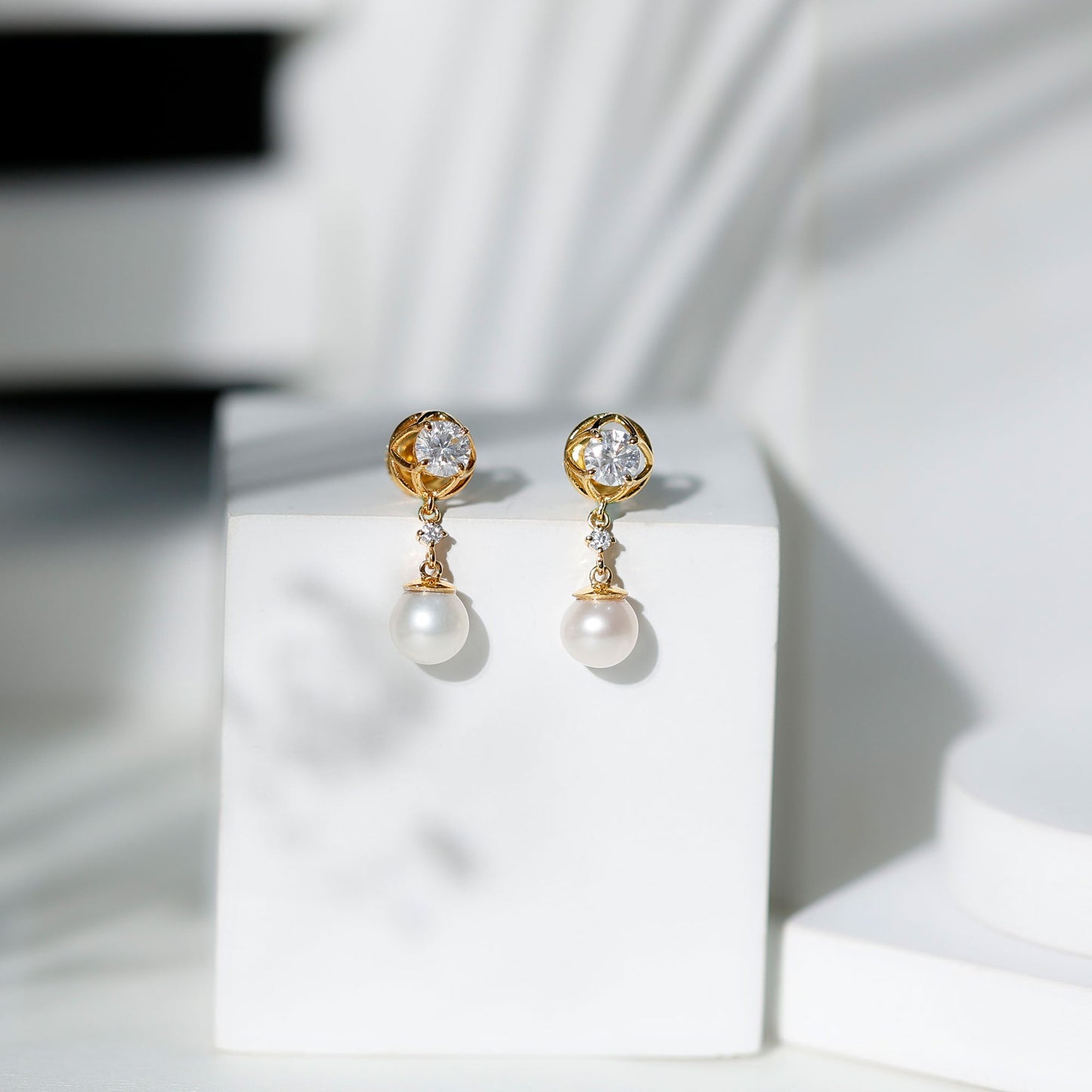 7MM Freshwater Pearl Flower Drop Earrings with Moissanite