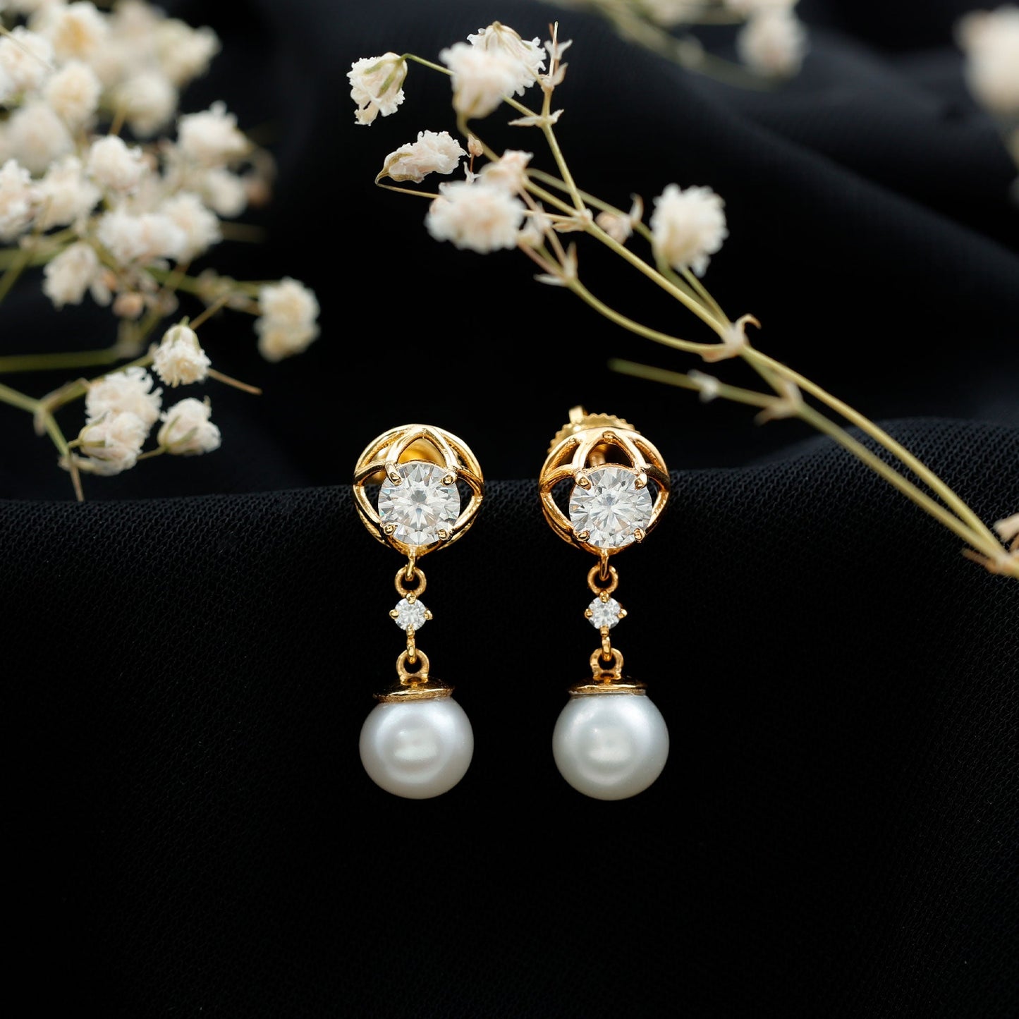 7MM Freshwater Pearl Flower Drop Earrings with Moissanite