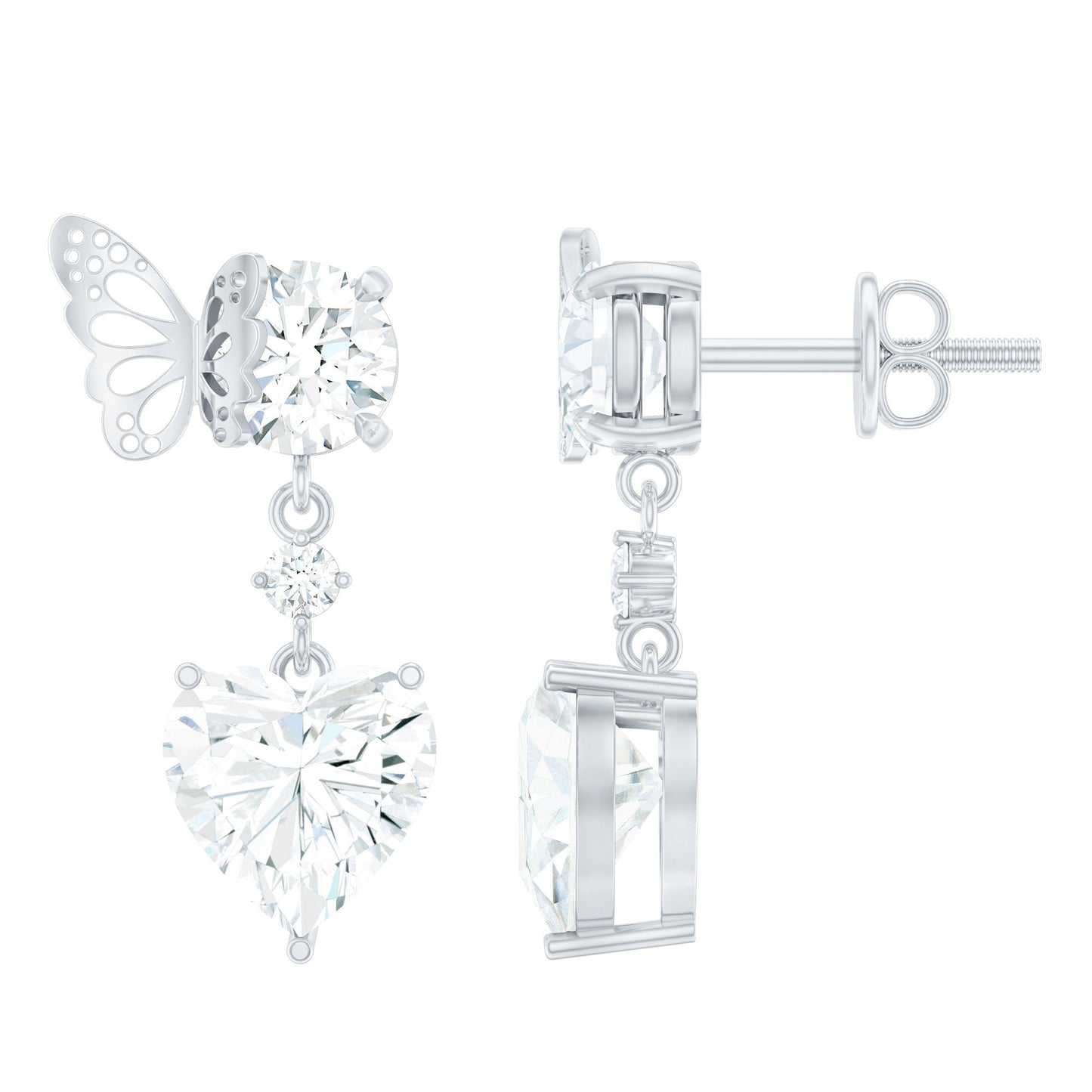 4 CT Heart Shape Moissanite Drop Earrings with Butterfly